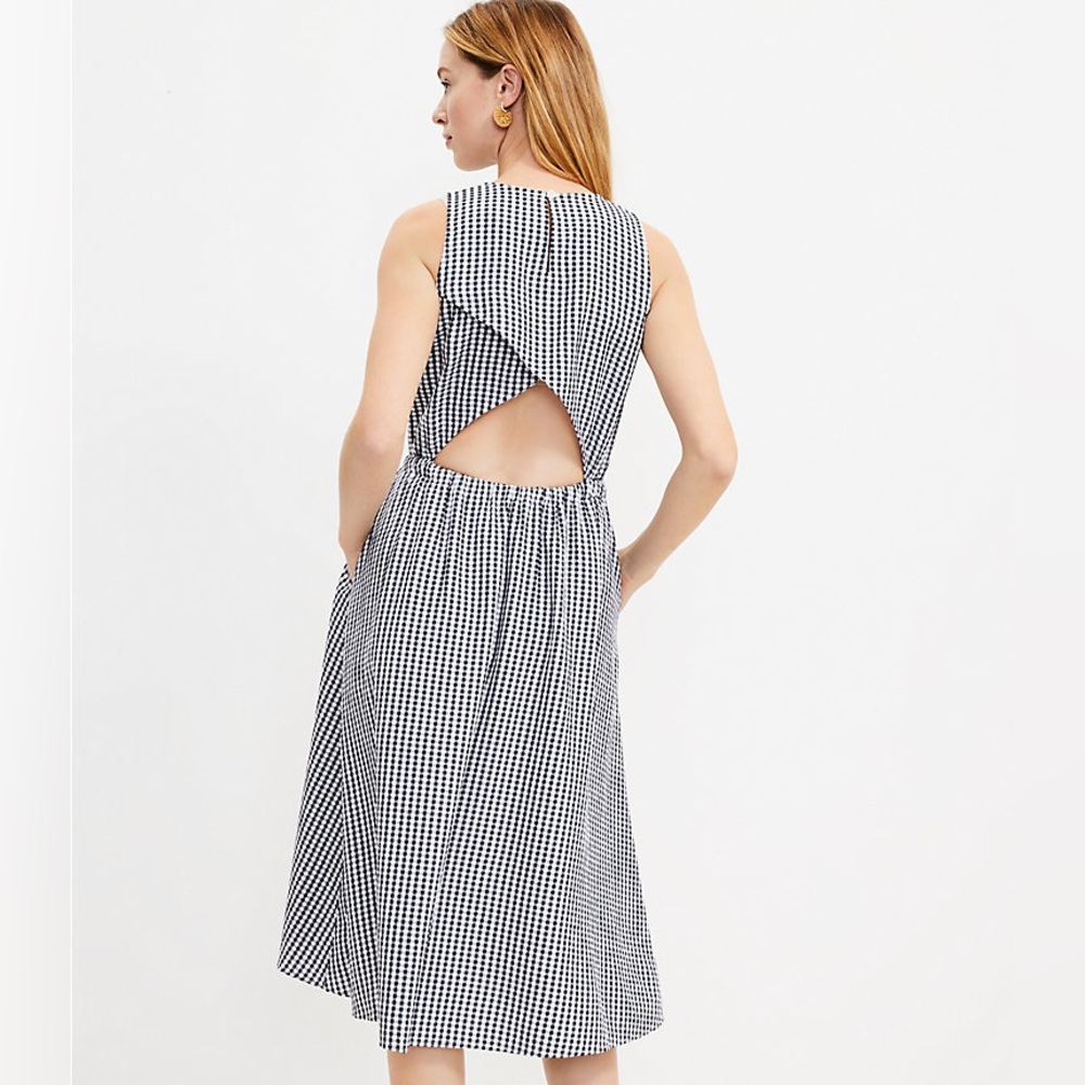 LOFT GINGHAM CROSSOVER BACK POCKETS MIDI DRESS SIZE L
